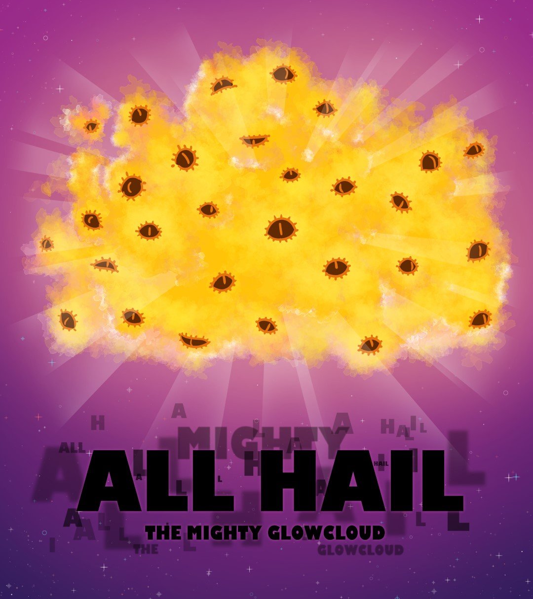 Image of a glowing cloud with several eyes, and text reading 