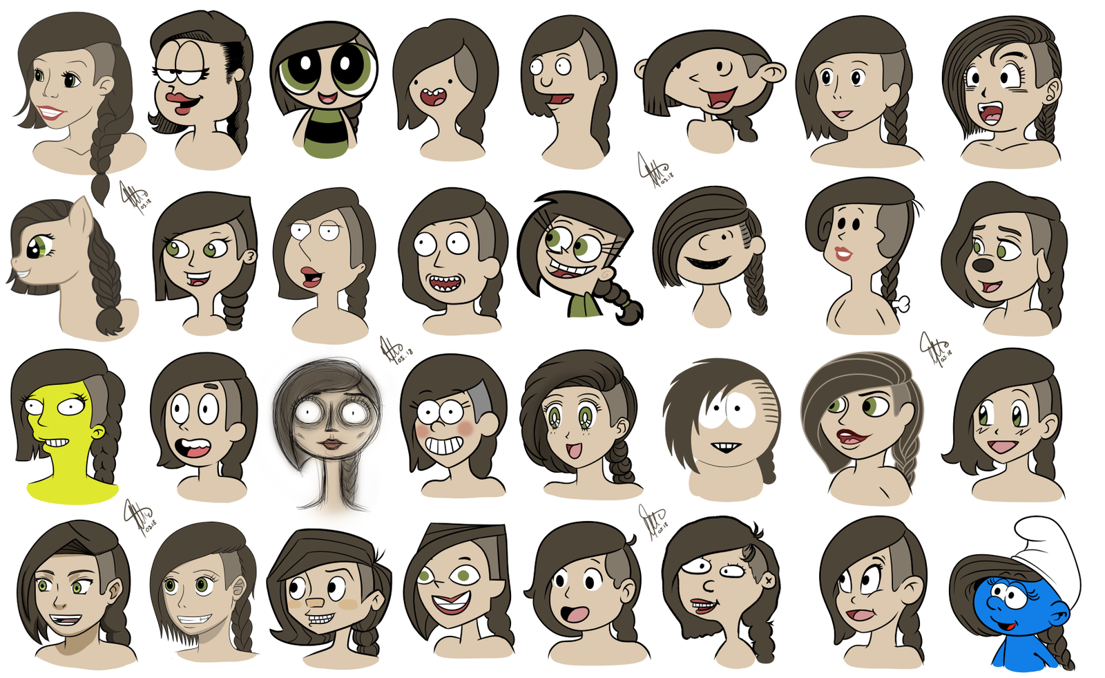 illustration of one character in a variety of cartoon styles